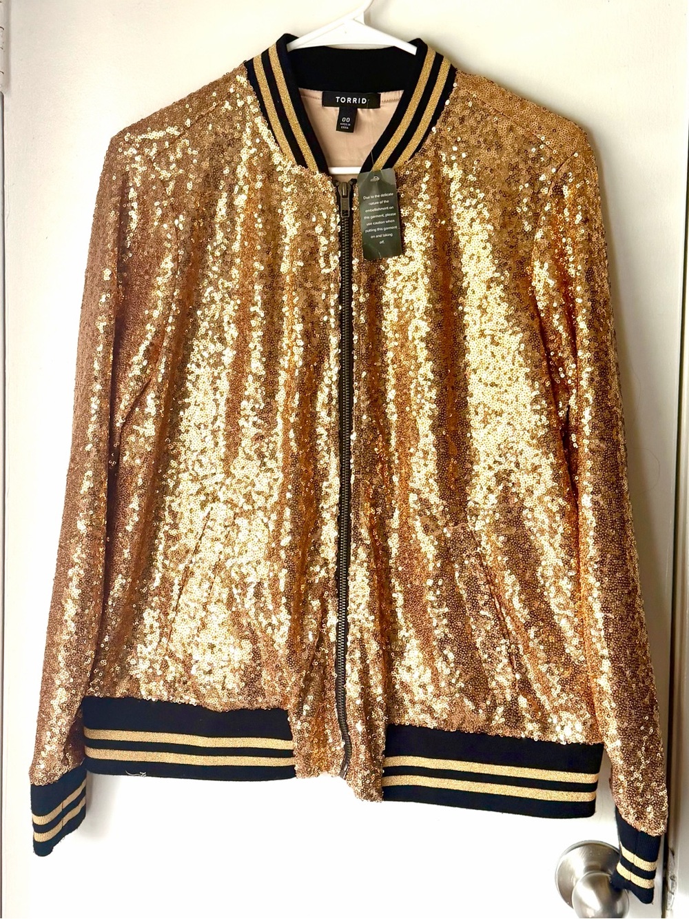 torrid Gold Sequin Bomber with Striped Trim